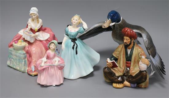 A Lladro group, a Rosenthal model of a mallard duck and three Royal Doulton figures, tallest 20cm (6)